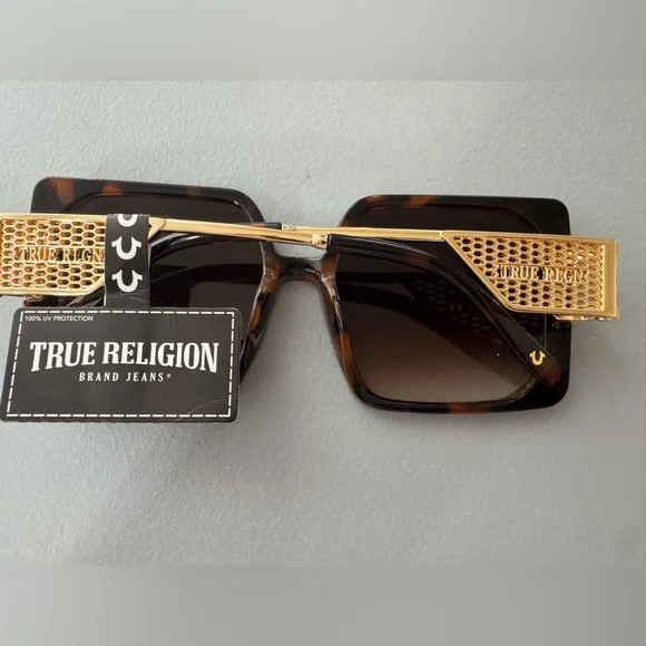 True Religion tortoise shell oversized Square Sunglasses metal frame logo - Picture 2 of 4